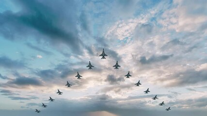 A squadron of fighter jets flies in a tight V-formation through a partly clouded sky at dawn - seamless looping. - Powered by Adobe