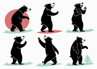 Collection of Black Bear Silhouettes Standing on Green Grass Patches Isolated