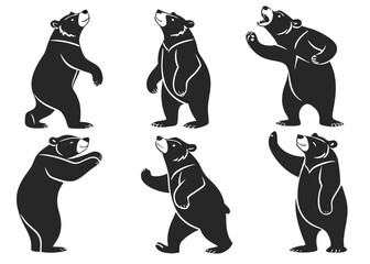 Black Bear Silhouette Set in Different Poses Isolated on White Background