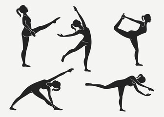 Silhouette of woman in various yoga poses health and wellness concept vector illustration