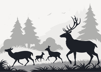 Deer family in a forest silhouette vector illustration for design needs