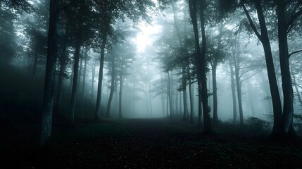 Majestic Foggy Woods Landscape in Golden Hour Light