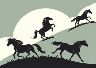Silhouette of Wild Horses Running Freely on Hills in a Stylized Vector Illustration