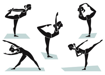 Silhouette yoga poses collection featuring women practicing various asanas on mats for wellness