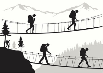 Hikers traversing suspension bridges in a mountain landscape showcasing adventure and outdoor exploration