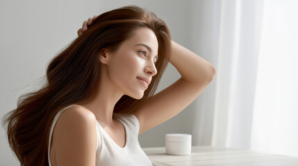 Naklejka premium Contemplative woman in natural light indoor setting lifestyle portrait serenity