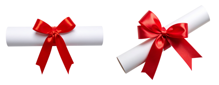 Untitled design - Top View of a Rolled Certificate with Bright Red Bow on White Paper Texture Transparent Background PNG