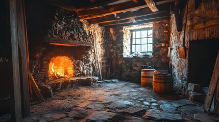 Fototapeta premium Vintage House Room in Old Cellar Medieval Workshop Interior