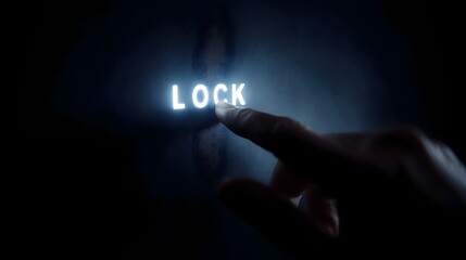Holographic lock system lighting up with LOCK text as hand makes contact