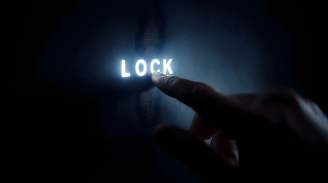 Holographic lock system lighting up with  LOCK  text as hand makes contact