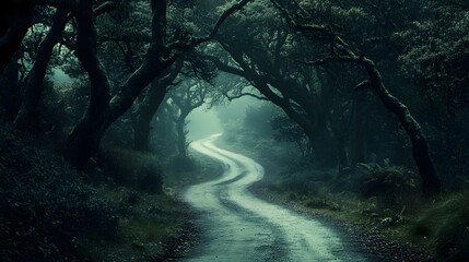 Enchanting Vintage Forest Path through Magical Woods with Sunlight Filtering Through Trees