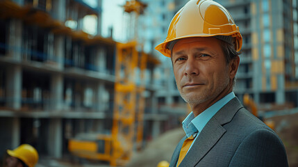 Director businessman in a business suit inspects a construction site. Construction of houses and buildings. Concept of real estate development and housing construction.