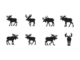 Eight black moose silhouettes on white background deer