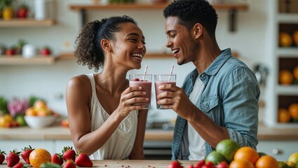 Happy couple toasting with fresh berry smoothies in a kitchen