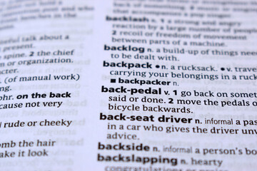 English Definition Dictionary Page Of Printed Word -  Back-pedal Close Up