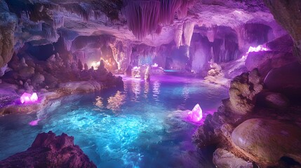 Vibrant Purple and Blue Water Filled Cave Exploration