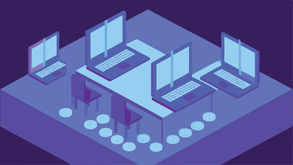 Tech Workspace With Glowing Laptops And - Futuristic Isometric Illustration