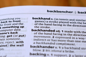 Close Up Of English Dictionary Page With Definition Word -Backhand