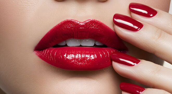 Red lip with red nail polish