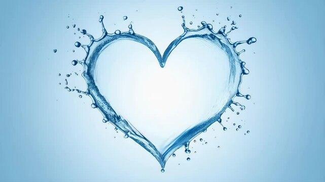 Water droplets forming a heart shape against a clean blue gradient backdrop, creating a refreshing, love and purity themed visual element.