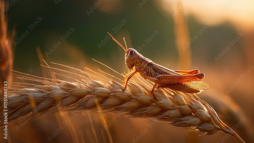 Poster a grasshopper sits on a wheat stalk as the sun sets, casting a warm golden glow over the field.