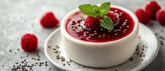 Raspberry Dessert with Chia Seeds and Mint Garnish