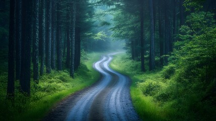 Obraz premium Enchanting Surreal Forest Road Landscape - Exploration and Adventure Concept