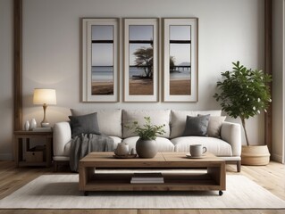 Naklejka premium Square coffee table near white sofa and rustic cabinets against white wall with blank poster frames