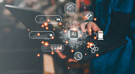 A person interacts with a laptop displaying AI and futuristic digital icons related to technology...