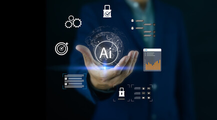 A person in a suit holds a glowing AI globe surrounded by digital icons representing data, security, analytics, and technology.