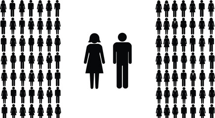 Gender ratio infographic, male and female icon silhouettes, population distribution concept, people pictogram vector, demographic balance data chart, infographic human figure illustration, 