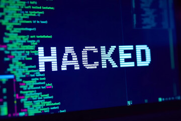 Hacked Text in Glitch Effect with Binary Code Background – Cyber Breach and Digital Security Threat Concept

