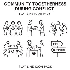 Flat Line Vector Icons of Community Togetherness During Conflict – Solidarity, Volunteering, and Support Actions