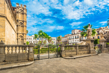Scenic view of the majestic street near Palermo Cathedral in Sicily, Italy, highlighting its grand scale, historic architecture, and the surrounding Mediterranean urban landscape