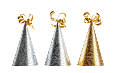 Shiny metallic party hats in gold and silver hues topped with decorative curled ribbons perfect for New Year or birthday festivities isolated on transparent background PNG