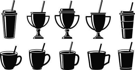 Drink cup icon, coffee mug graphic, trophy glass vector, takeaway beverage silhouette, black straw illustration, juice or soda design, reusable container art isolated on white background
