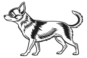 Monochrome Illustration of a Chihuahua Dog Standing in Profile with Black Markings Against a White Background in a Flat Vector Style