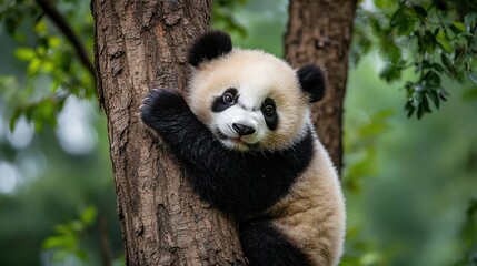 Fototapeta premium Cute panda cub clinging to tree trunk