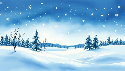 Fototapeta premium Winter spruce forest with the snow-covered spruces and trees hand drawn in watercolor isolated on a blue landscape background. Watercolor winter illustration. Winter landscape.