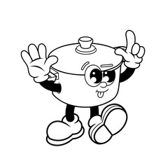 Retro character design of cute cooking pots outline