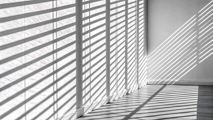 Fototapeta premium Monochrome Sunlight and Shadow Stripes Through Blinds Casting Pattern on Wall and Floor 