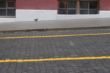 road markings on road paving stones, yellow paint on dark paving stones, 6