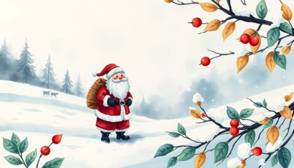 santa cartoon painting, christmas painting concept in retro watercolor technique. Happy New Year postcard