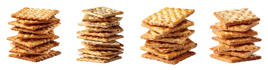 Fototapeta premium Pile of Square Cracker Snack, Baked and Stacked, Golden and Delicious Food PNG set transparent background
