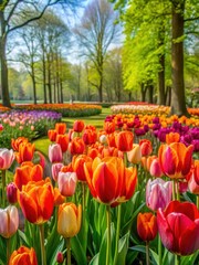 Vibrant tulips sway gently in the spring breeze amidst lush greenery and vibrant blooms at Keukenhof garden