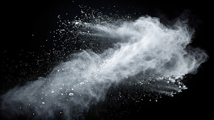 Powder falling on black background. Powder falling down. Powder. Droplets.