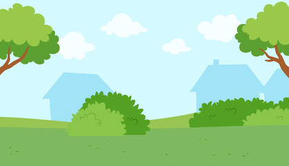 Cartoon illustration of a landscape with houses, trees, and bushes under a blue sky © Colorfuel Studio