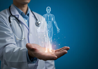 Human muscular body model with visible muscles on hand doctor. Medical anatomy for healthcare science, education and training