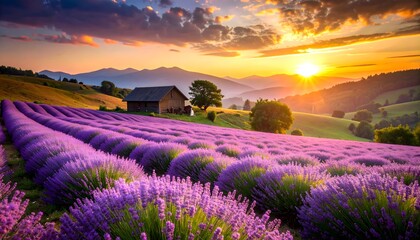 Cabin in lavender valley during sunset high resolution photo