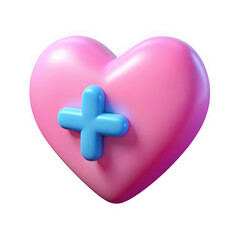 3D pink heart with blue plus sign isolated on transparent background